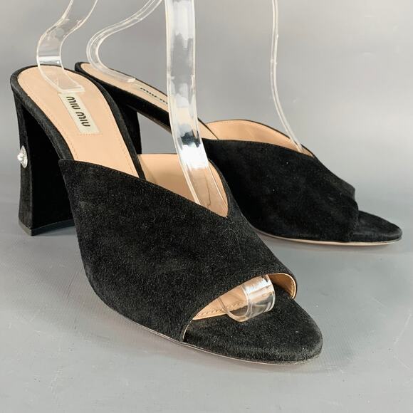 MIU MIU Size 11 Black Suede Rhinestone Peep Toe Sandals - Picture 1 of 8